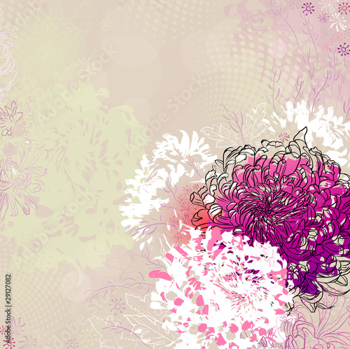 grunge greeting-card with decorative chrysanthemums