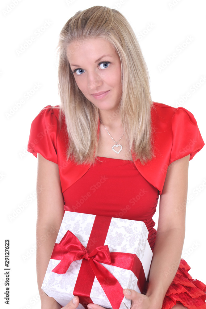 woman in red with present