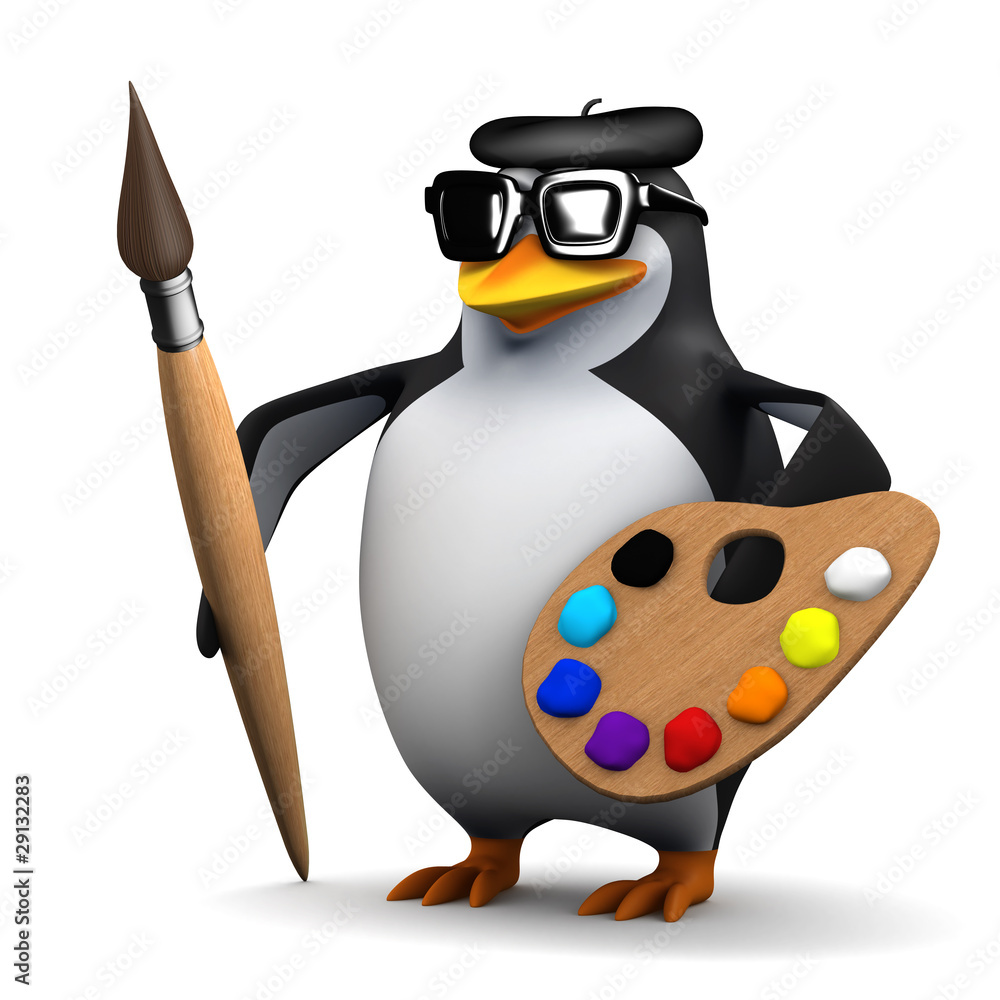 Obraz premium 3d Penguin holds his paintbrush and palette