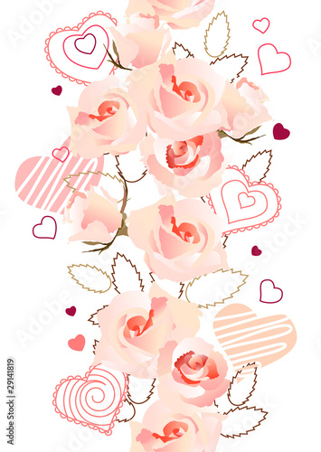 Vertical seamless pattern made of roses and hearts
