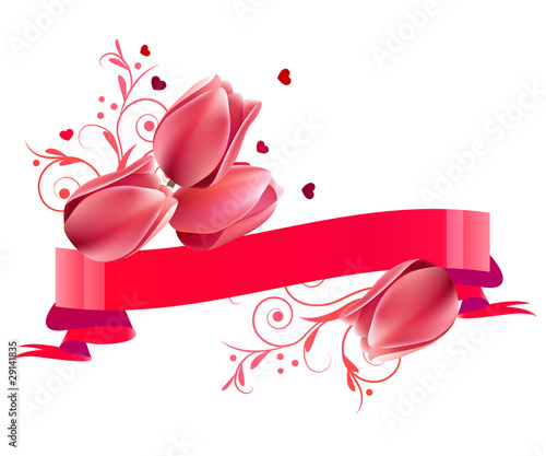 Fototapeta Naklejka Na Ścianę i Meble -  Floral ornate banner with pink tulips isolated on white