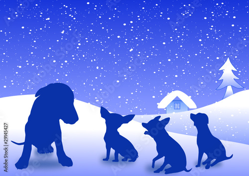 Dogs family on the snowflake background