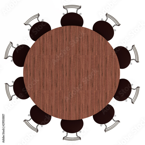 Round table and chairs, top view, isolated on white