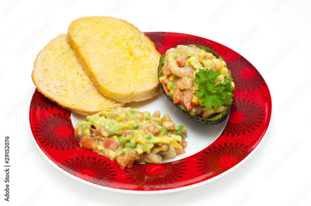 prawn with avocado salad served with garlic bread prawn with avocado salad served with garlic bread