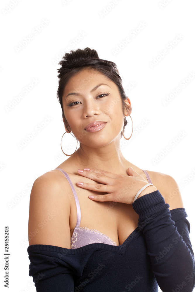 Young Pacific Island Woman sweater off shoulders