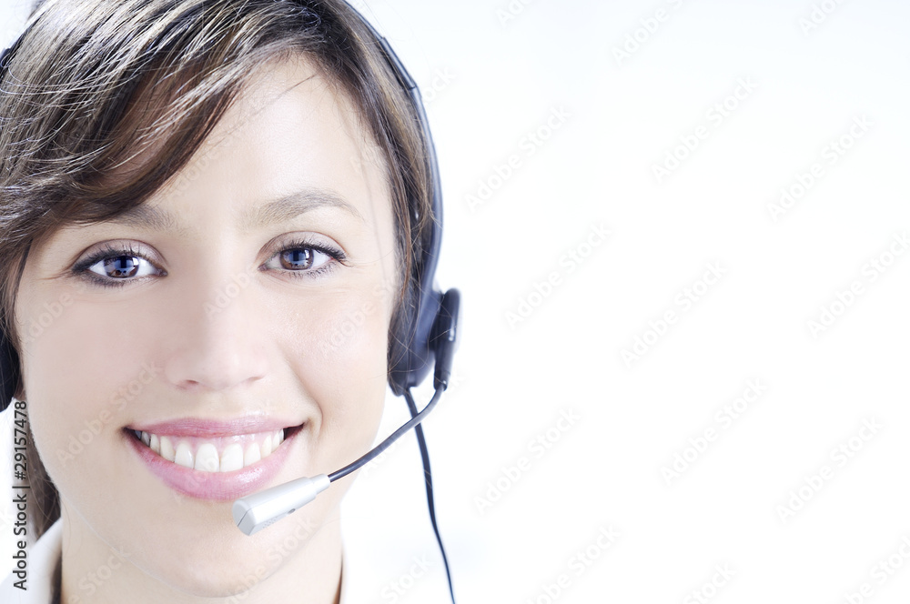 young woman in job; headphones and customer service young woman in job; headphones and customer service