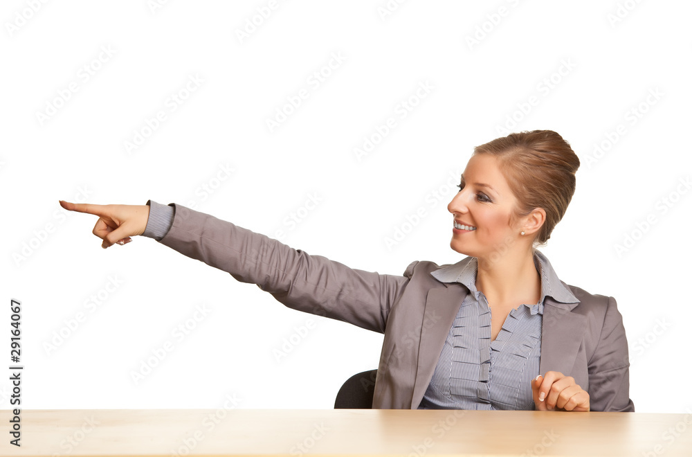 Businesswoman in suit pointing hand isolated on white Businesswoman in suit pointing hand isolated on white