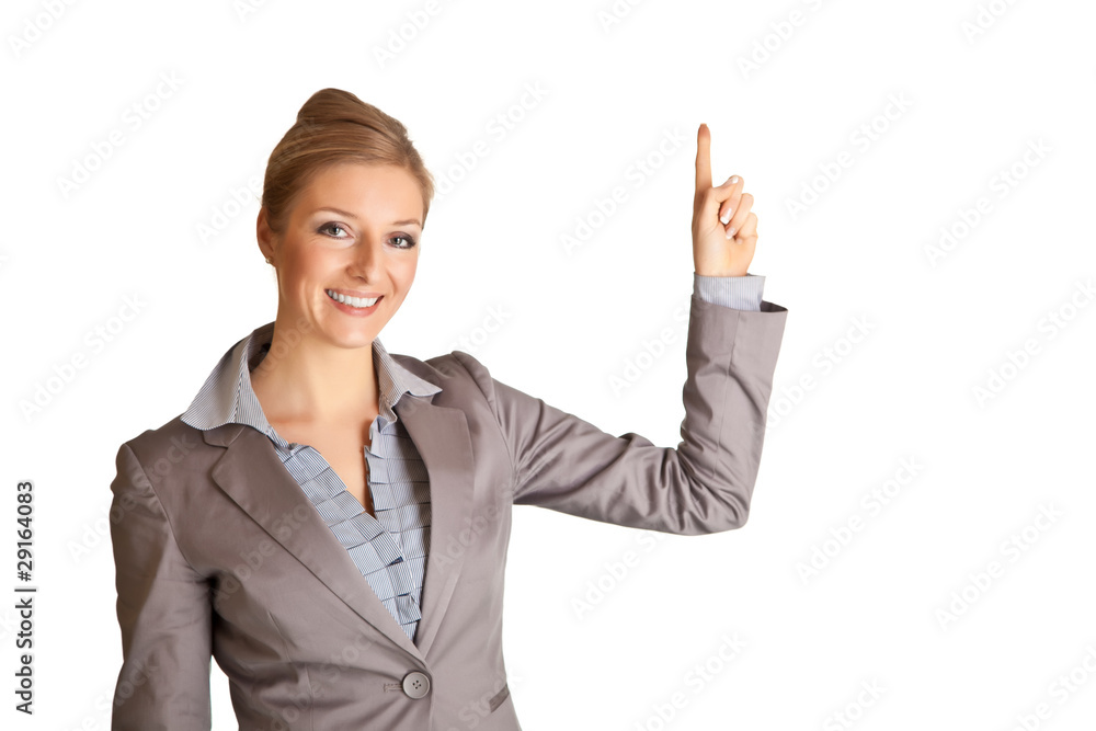 Businesswoman in suit pointing hand isolated on white Businesswoman in suit pointing hand isolated on white