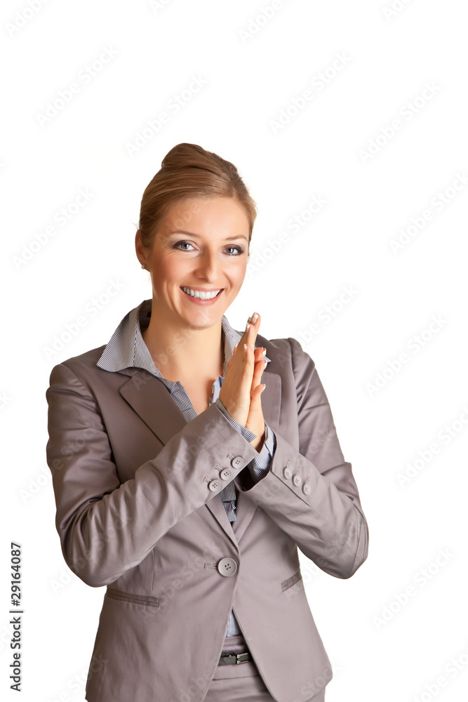 Businesswoman in suit pointing hand isolated on white Businesswoman in suit pointing hand isolated on white