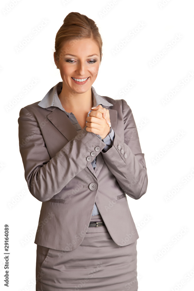 Businesswoman in suit pointing hand isolated on white Businesswoman in suit pointing hand isolated on white