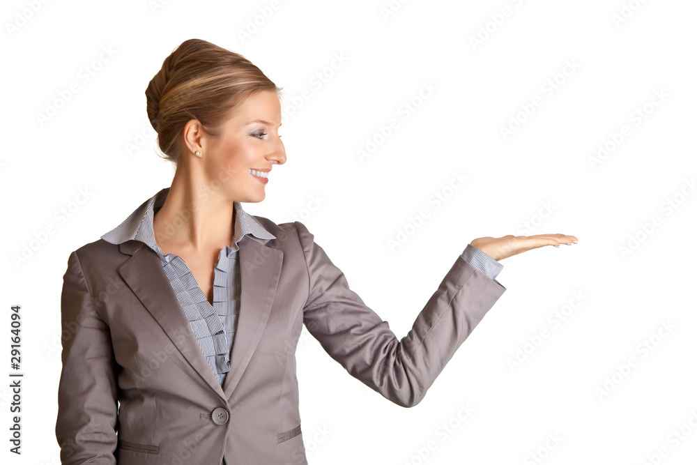 Businesswoman in suit pointing hand isolated on white Businesswoman in suit pointing hand isolated on white