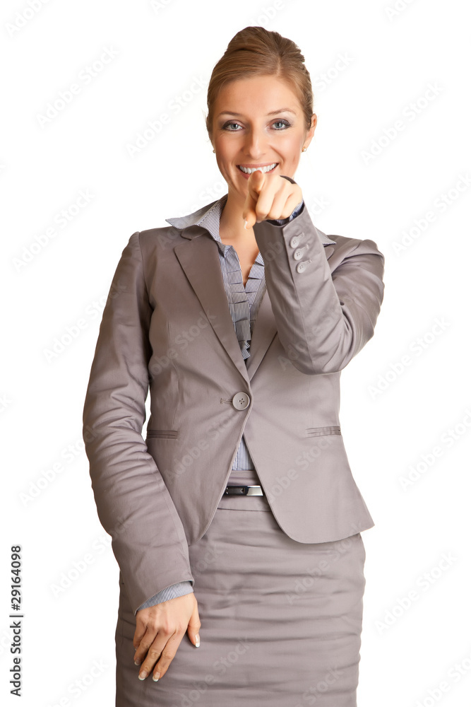 Businesswoman in suit pointing hand isolated on white Businesswoman in suit pointing hand isolated on white