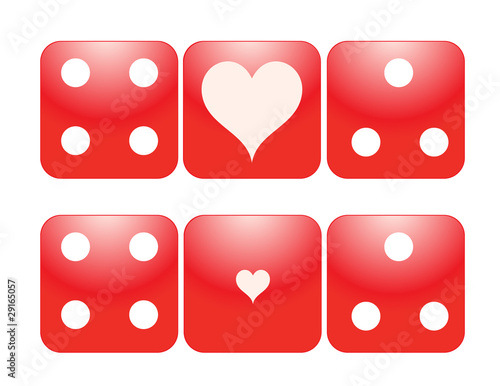 Two sets of Three dice with Hearts as Aces