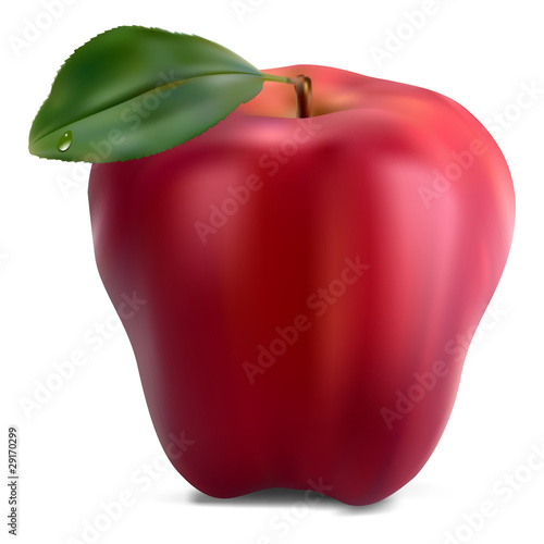 fresh red apple with green leaf