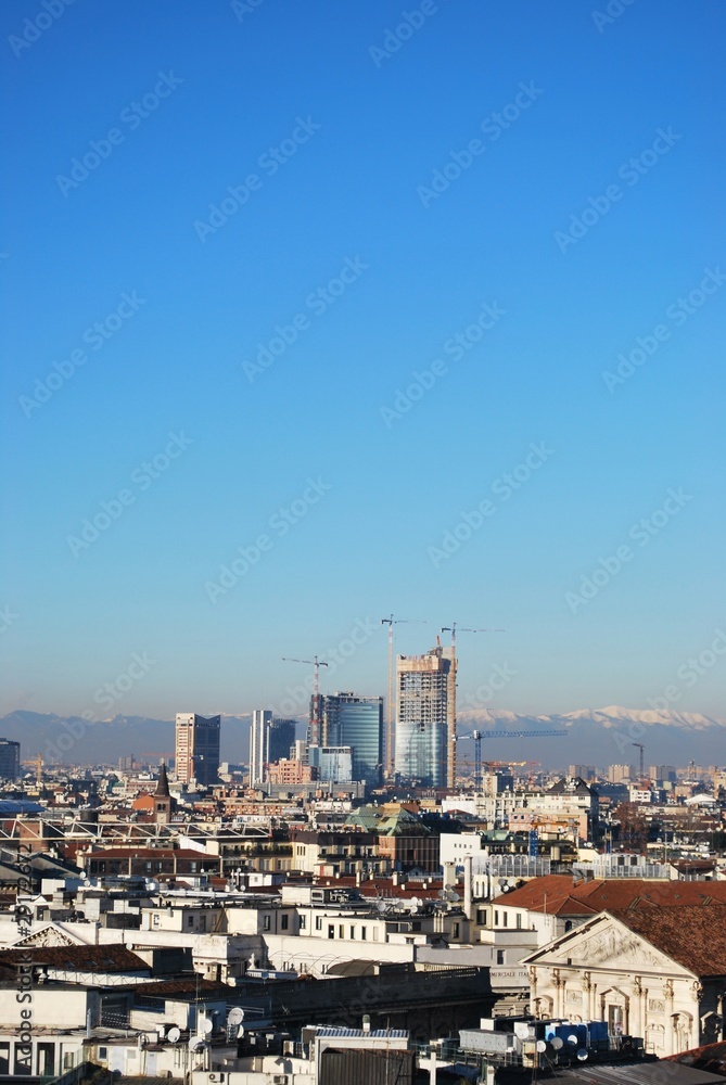 Panoramic view of Milan from cathedral roof, Lombardy, Italy
