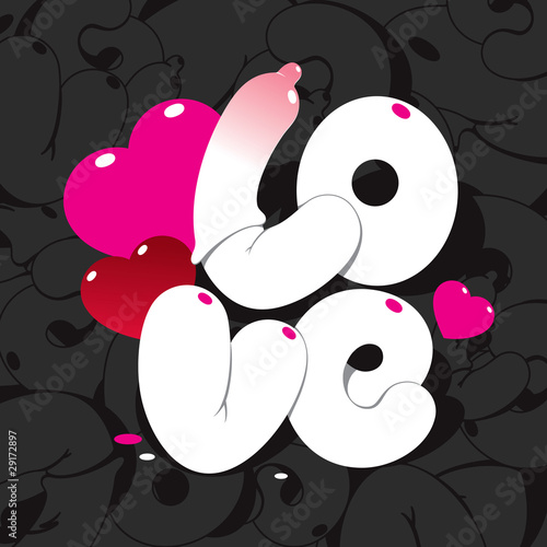 Valentine card with lettering LOVE on black patterned background