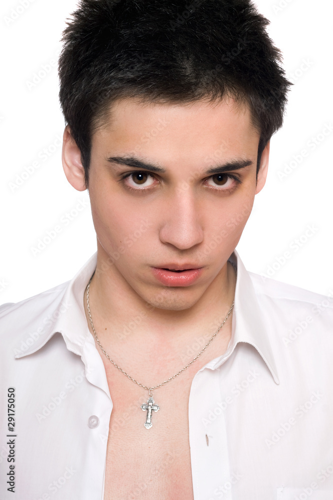 Closeup portrait of young man in a white shirt Closeup portrait of young man in a white shirt