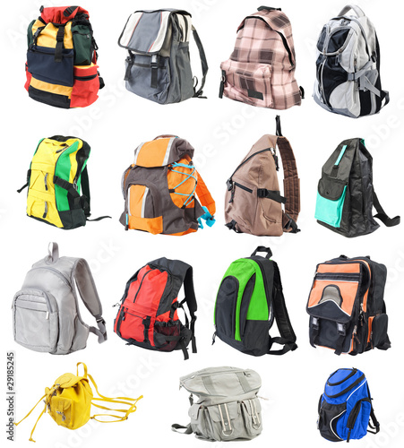 Bagpacks set #1. 15 objects. Front view | Isolated photo