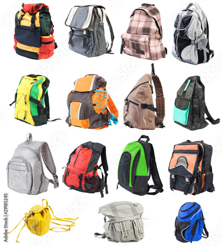Bagpacks set #1. 15 objects. Front view | Isolated