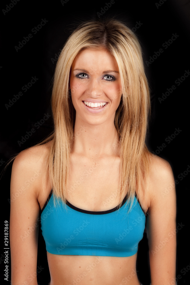 Woman blue black smile portrait Woman blue black smile portrait