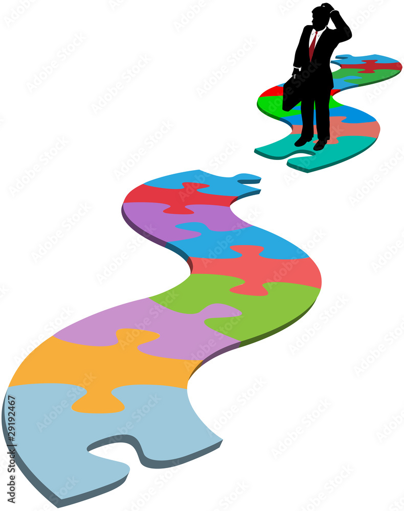 Business man find missing piece puzzle path Stock-Vektorgrafik | Adobe Stock
