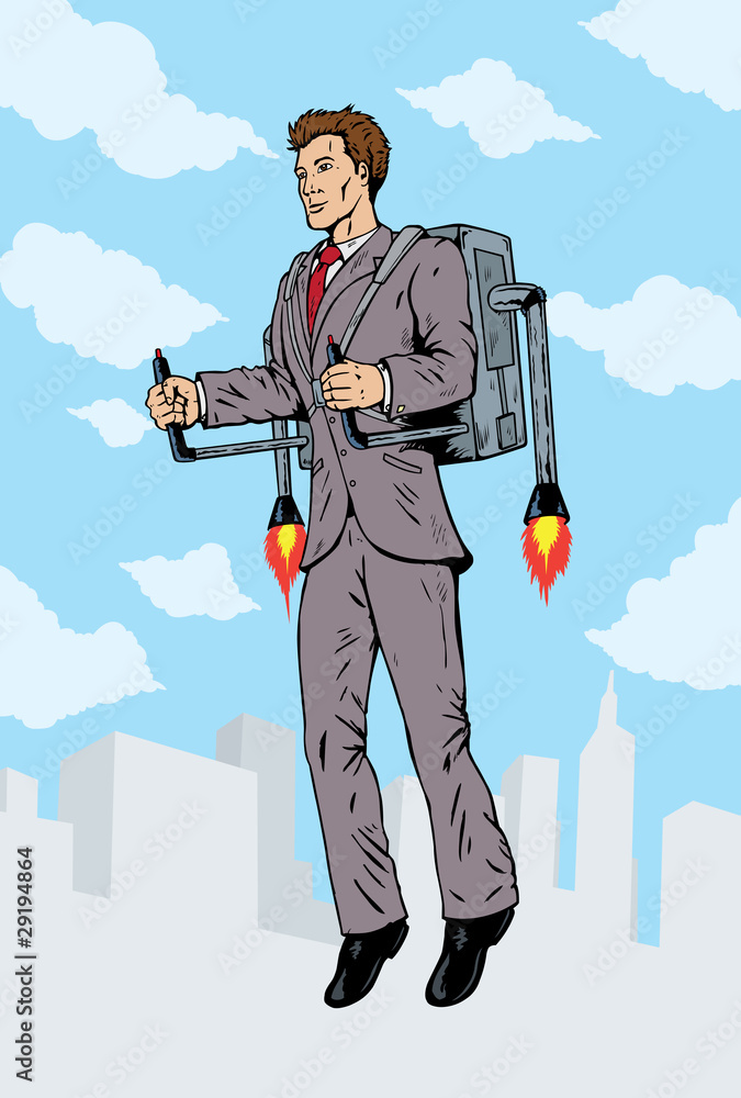 Naklejka premium Businessman flying with a rocket pack