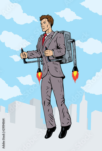 Businessman flying with a rocket pack