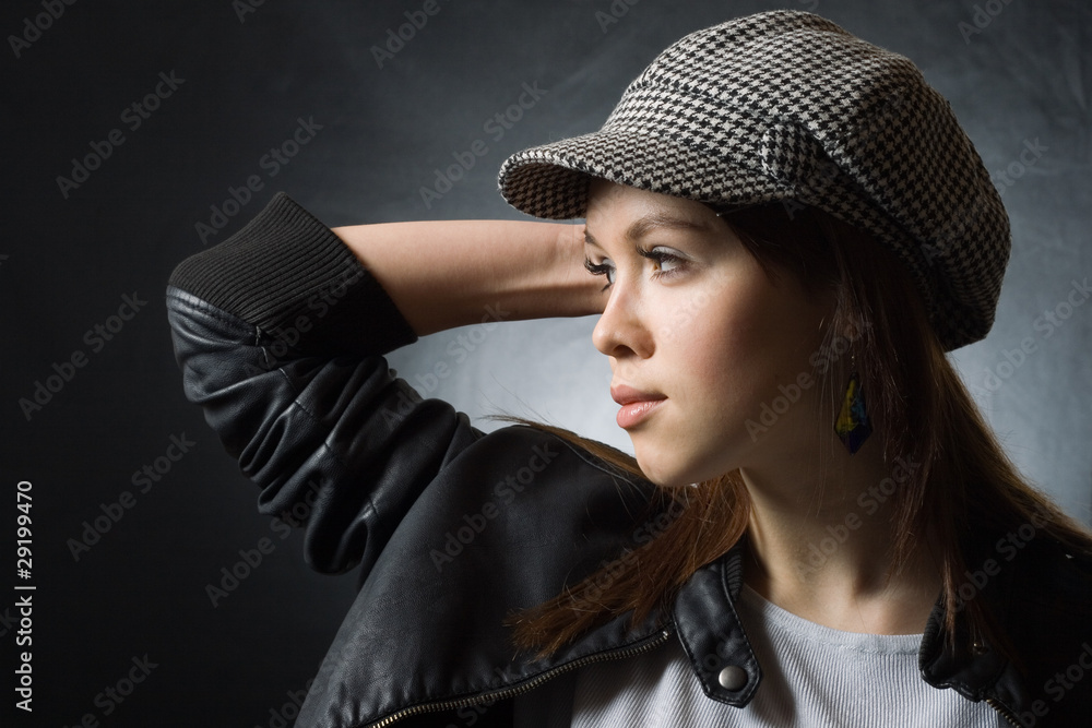 Profile portrait of beautiful girl in hat Profile portrait of beautiful girl in hat