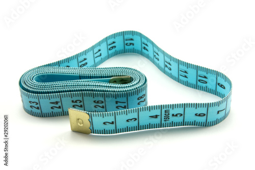 blue measure tape over a white background