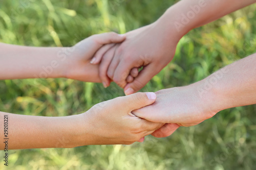 closeup of mother and son hands holding each other, green grass