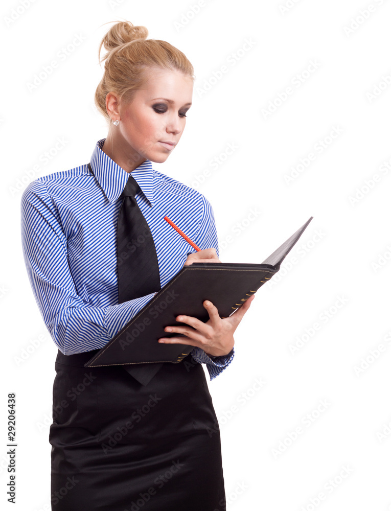 Blond businesswoman with black folder and red pen isolated on wh Blond businesswoman with black folder and red pen isolated on wh
