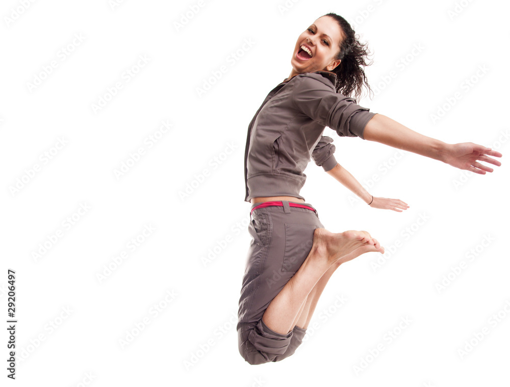 sport young woman jumping and fly