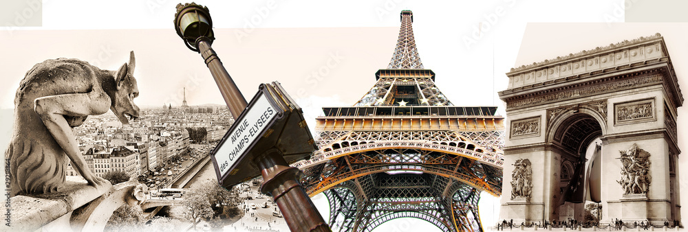 great Parisian landmarks - touristic collage - obrazy, fototapety, plakaty 