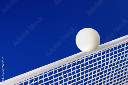 Pelota blanca de ping pong en el medio de la red