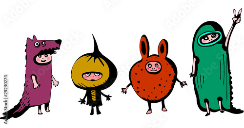 Enfants déguisés en loup, oignon,lapin et monstre