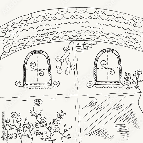 House sketch with windows and flowers