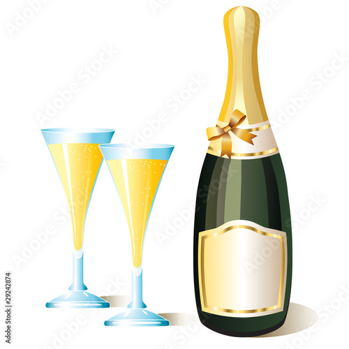 A bottle of champagne and glasses.