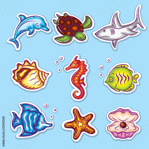 Colorful Vector Stickers Set of Sea Fauna