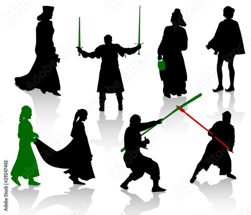 Silhouettes of people in medieval costumes.