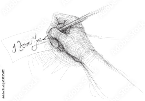 Hand writes “I love you” / realistic sketch (not auto-traced)