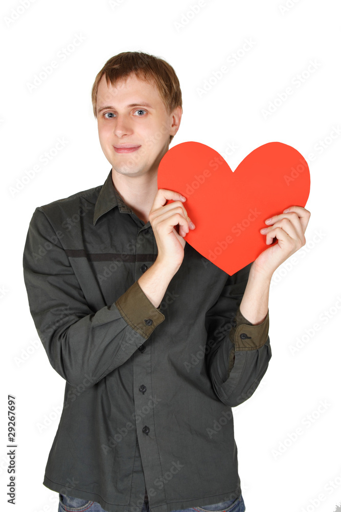 young caucasian man holding red paper heart, declaration of love young caucasian man holding red paper heart, declaration of love