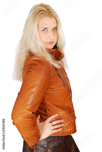 beautiful woman in leather jacket posing