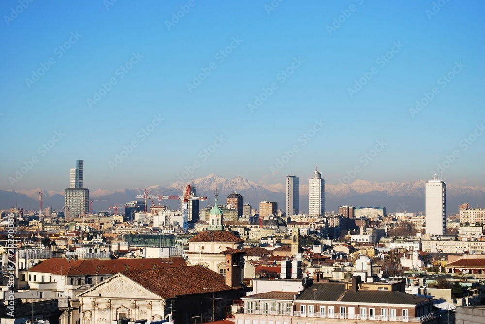 Panoramic view of Milan from cathedral roof, Lombardy, Italy