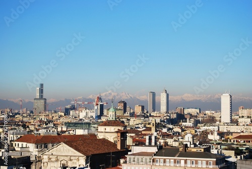 Panoramic view of Milan from cathedral roof, Lombardy, Italy © Crisferra