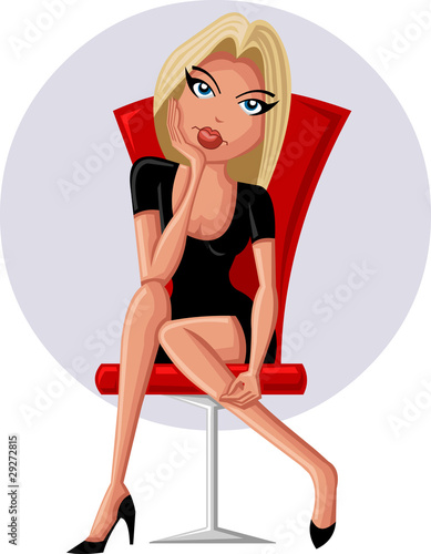 Beautiful cartoon blonde woman smiling wearing black dress