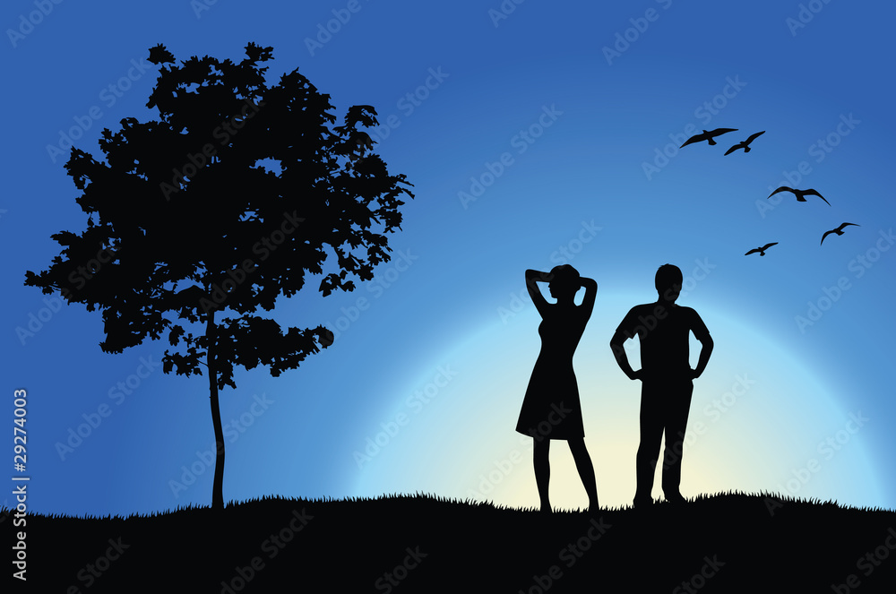 man and girl standing on hill near tree, blue background man and girl standing on hill near tree, blue background