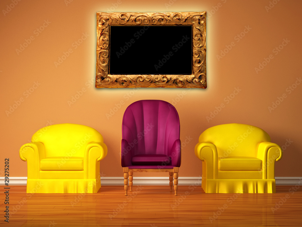 Two yellow chairs with a purple chair and picture frame Two yellow chairs with a purple chair and picture frame