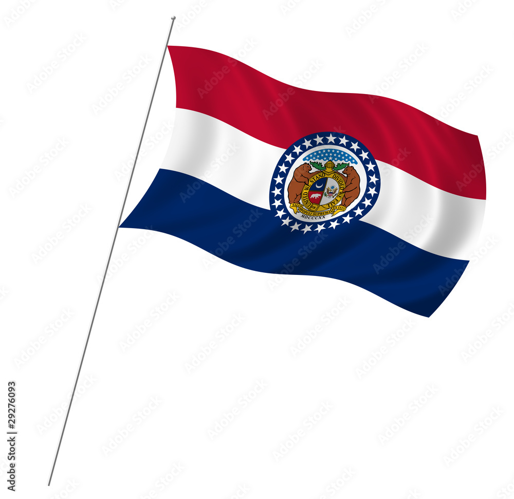 Flag of Missouri with pole flag waving over white background Flag of Missouri with pole flag waving over white background