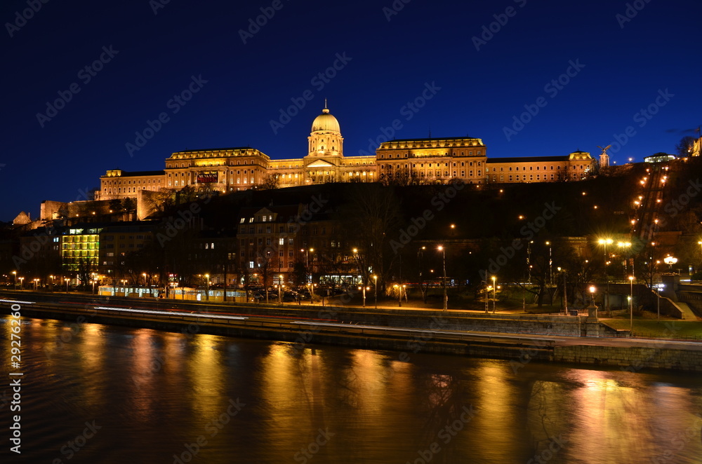 Budapest, Buda castle on Danube River by night