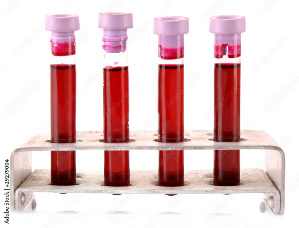 Medical test tubes with blood in holder on white background Medical test tubes with blood in holder on white background